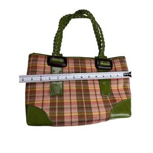 Plaid Tote Bag Green Faux Leather Trim Braided Handles